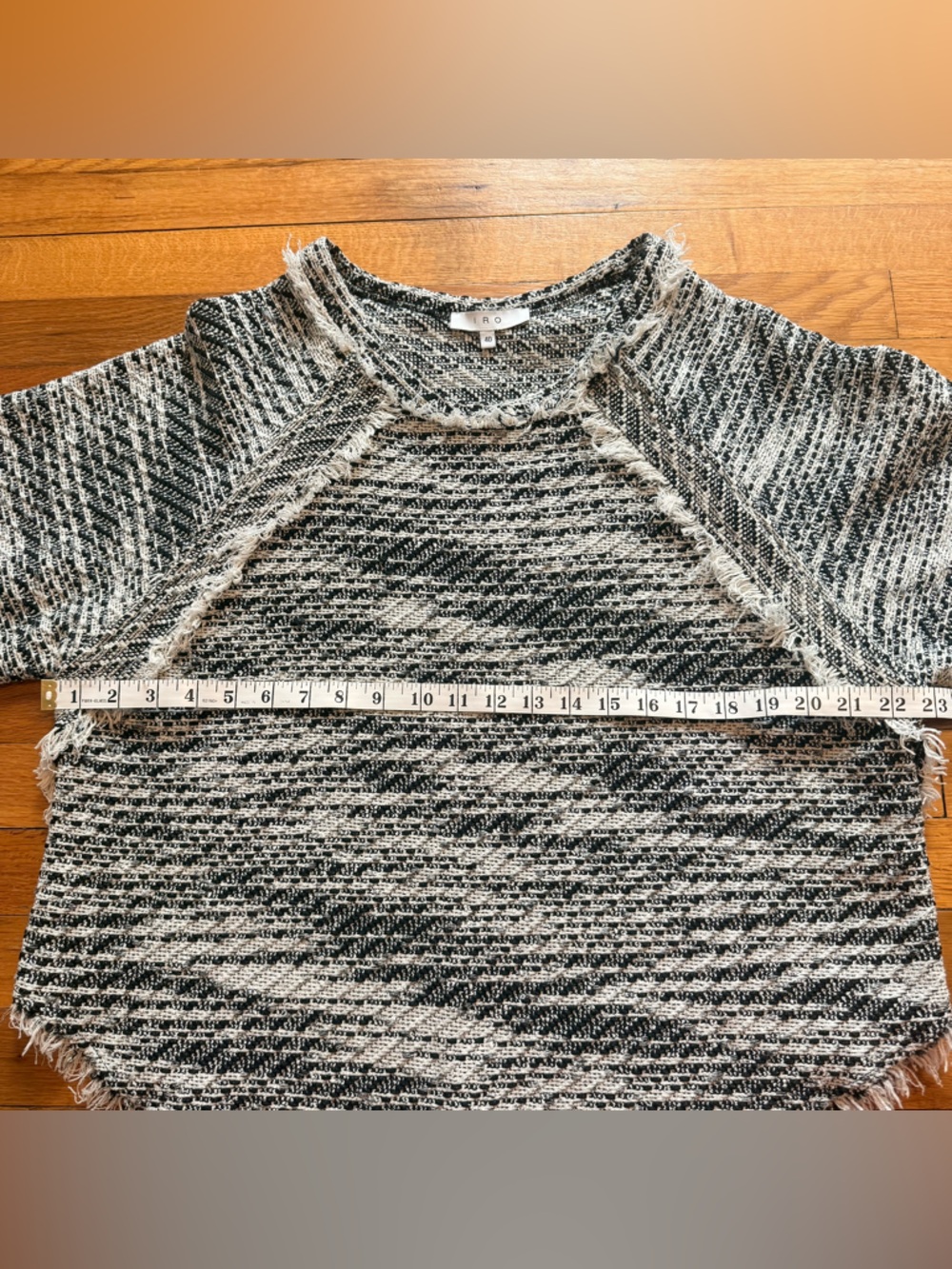 IRO LICIA Frayed Tweed Knit Top 3/4 Sleeve Fringe Sweater Cotton Blend Gray 40 - Picture 6 of 7